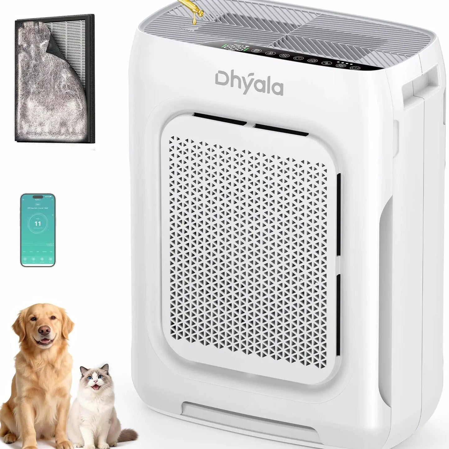 Dhyala Air Purifier for Home, Bedroom, Dust, Pets, Smoke etc., Up to 3000 sq ft, H13 HEPA Filter with Washable Pre-Filter, Air Quality Sensor, Aromatherapy, Child Lock