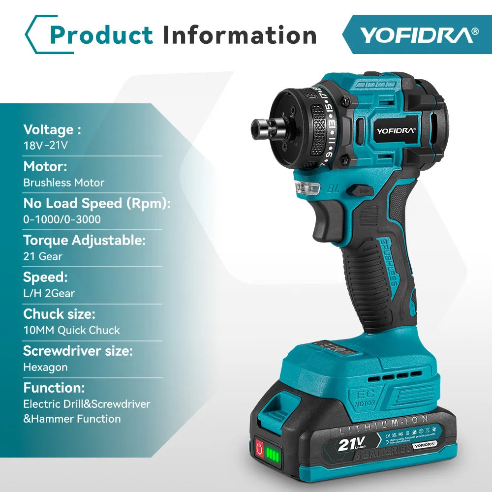 YOFIDRA 2-in-1 borstelloze elektrische schroevendraaier handboormachine met zeskantopname, huishoudelijke elektrische gereedschapsset voor Makita-accu