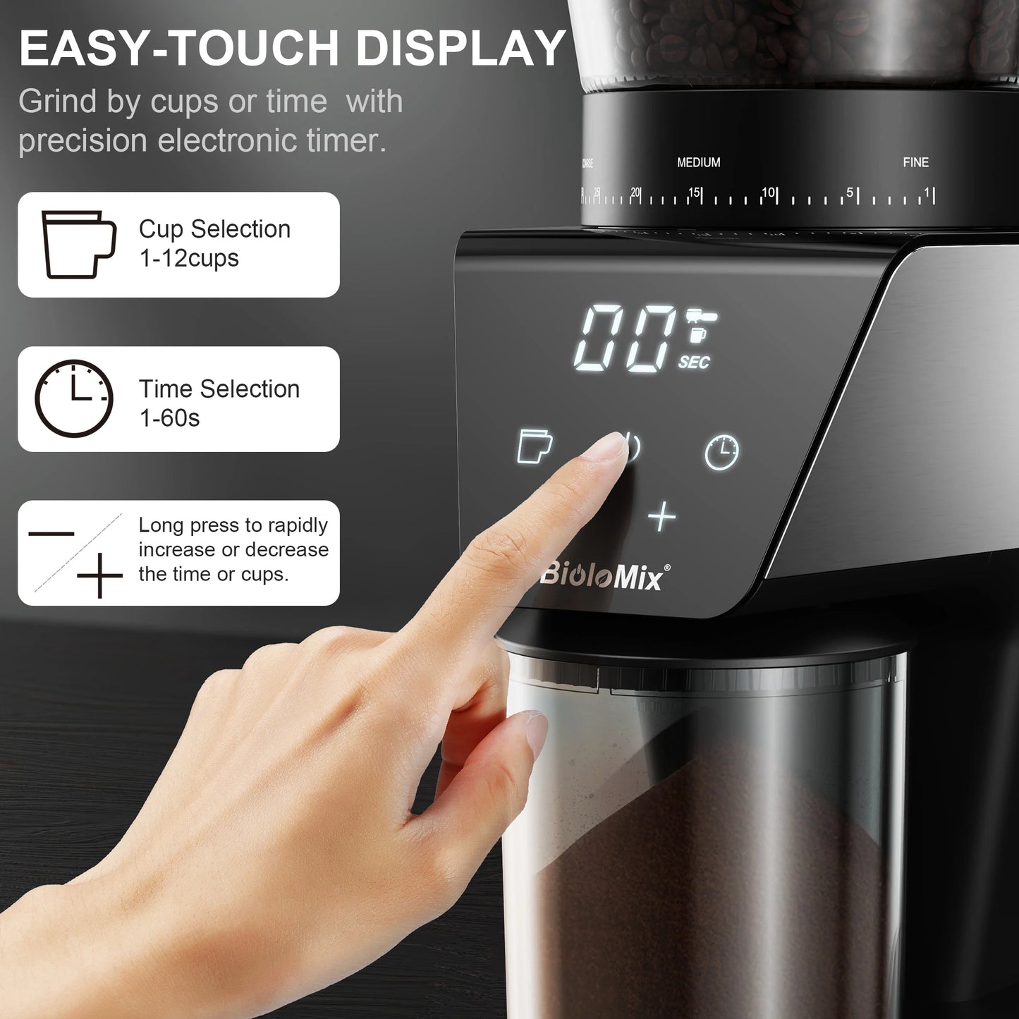 BioloMix Electric Coffee Grinder with Magnetic Ring - 30 Precise Grind Settings for Espresso, American, and Pour Over Coffee