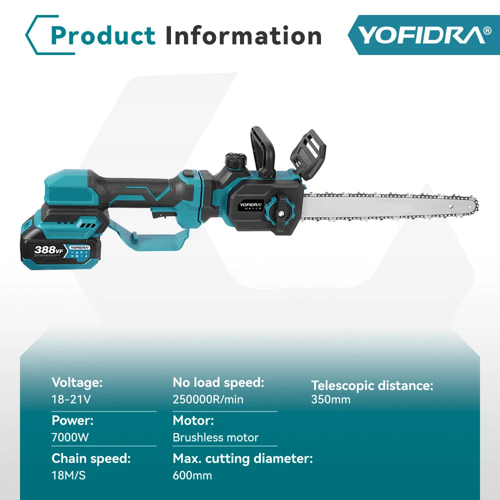 YOFIDRA 7000W 12Inch Brushless Chainsaw Stretchable Handheld Pruning Chain Saws Garden Wood Cutting Tools For Makita Battery Pin