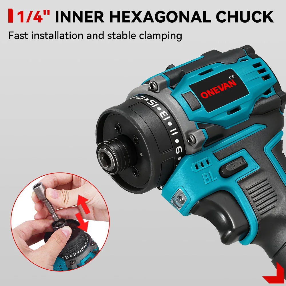ONEVAN 3 IN 1 Brushless Electric Drill Screwdriver 80NM 1600 RPM Brushless impact screwdriver For Lithium Battery