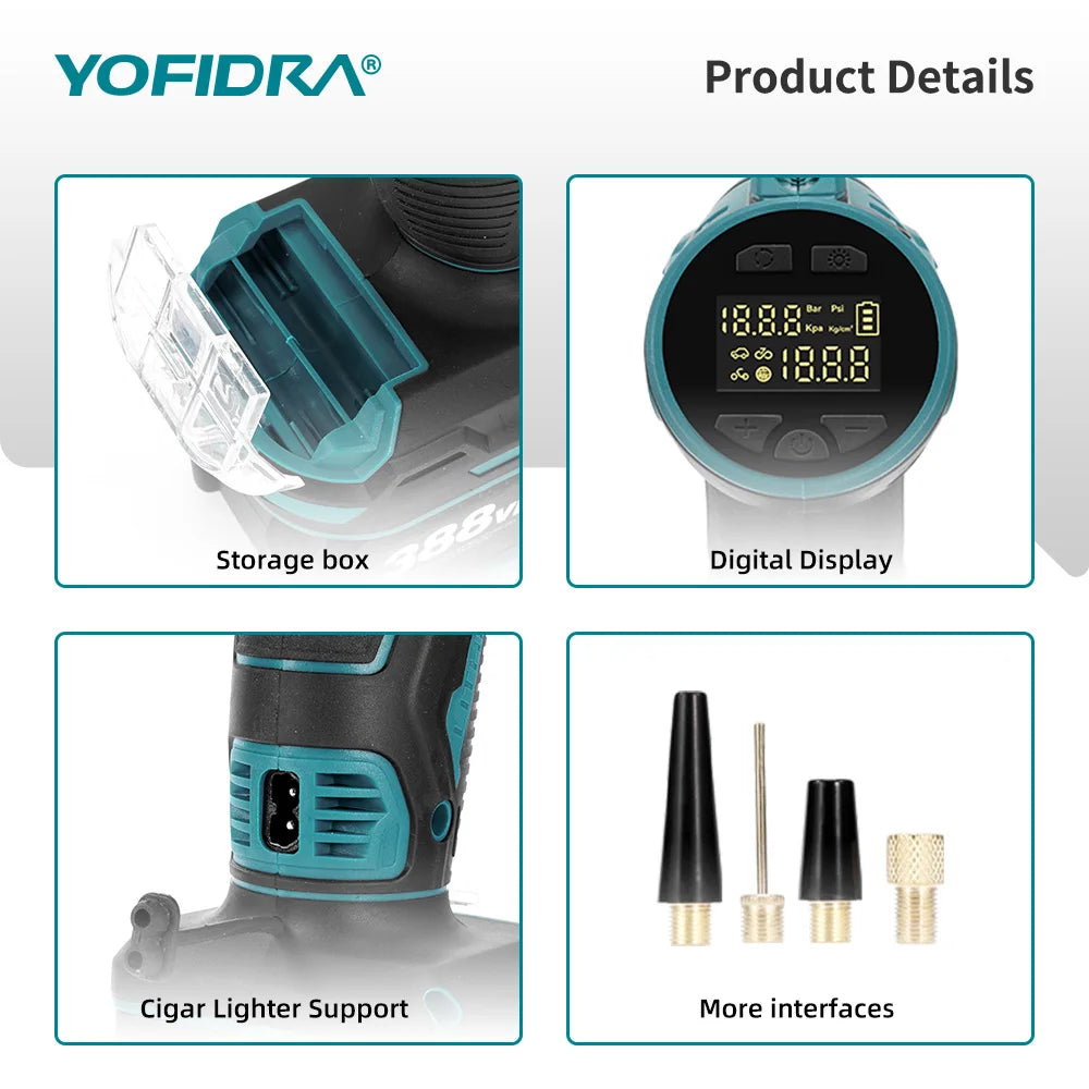 YOFIDRA Inflatable Electric Air Pump Digital Display Car Tire Inflator Automatic Air Inflator Power Tool For Makita Battery Pin