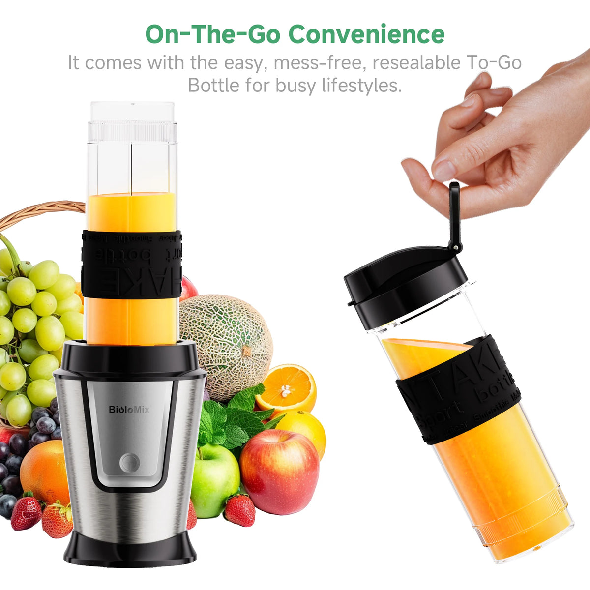 Blender compact BioloMix 700W 3-en-1, centrifugeuse, robot culinaire et moulin à sec, parfait pour préparer des jus frais et des trempettes