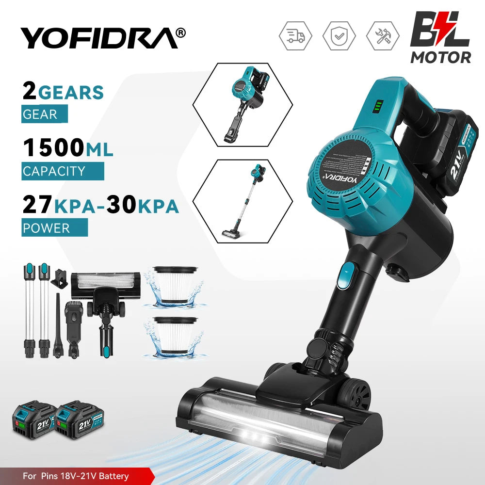 YOFIDRA 1500ML Brushles Electric Vacuum Cleaner 27-30KPA Rechargeable Dust Catcher Cleaning Power Tools For Makita Battery Pin