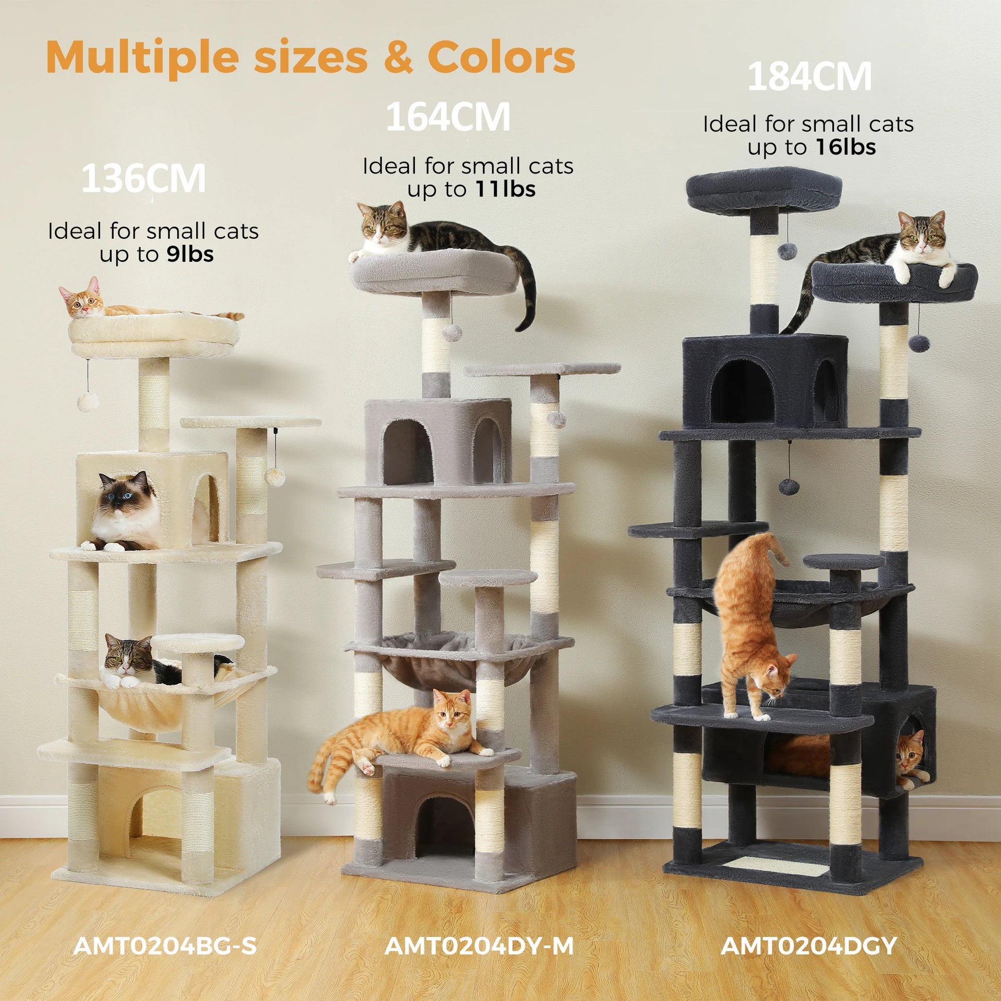 Three multi-level cat trees in different colors and heights, featuring scratching posts, perches, hammocks, and enclosed condos.