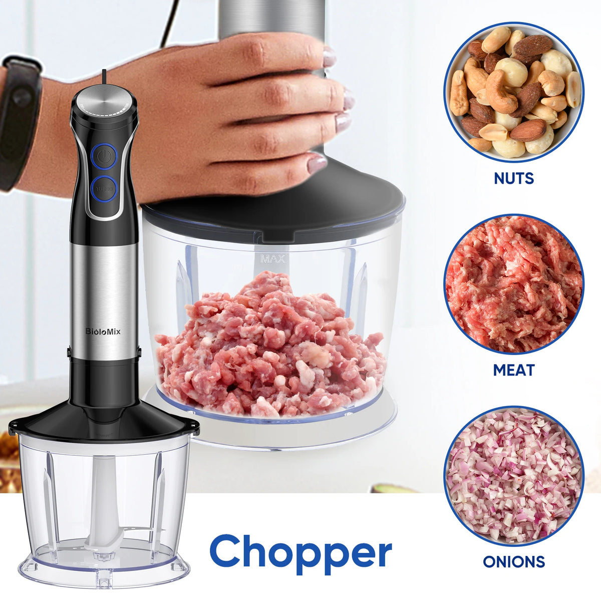 Mixeur plongeant 5 en 1 BioloMix 1500W avec lame en acier inoxydable 304 pour purées, smoothies et préparation d'aliments pour bébés