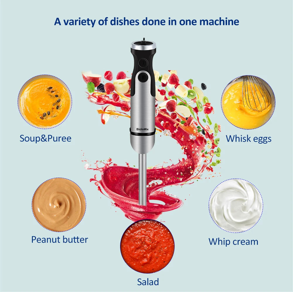 Mixeur plongeant 5-en-1 BioloMix 1200W, incluant hachoir à légumes, hachoir à viande, fouet et gobelet à smoothie