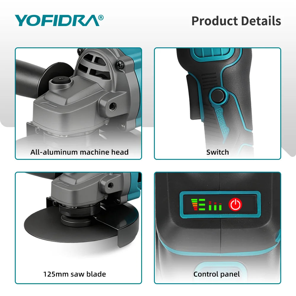YOFIDRA 125mm Borstelloze Haakse Slijper 3 Versnellingen Draadloze Slijpmachine Snijgereedschap Houtbewerking Elektrisch Gereedschap Voor Makita Batterij Pin