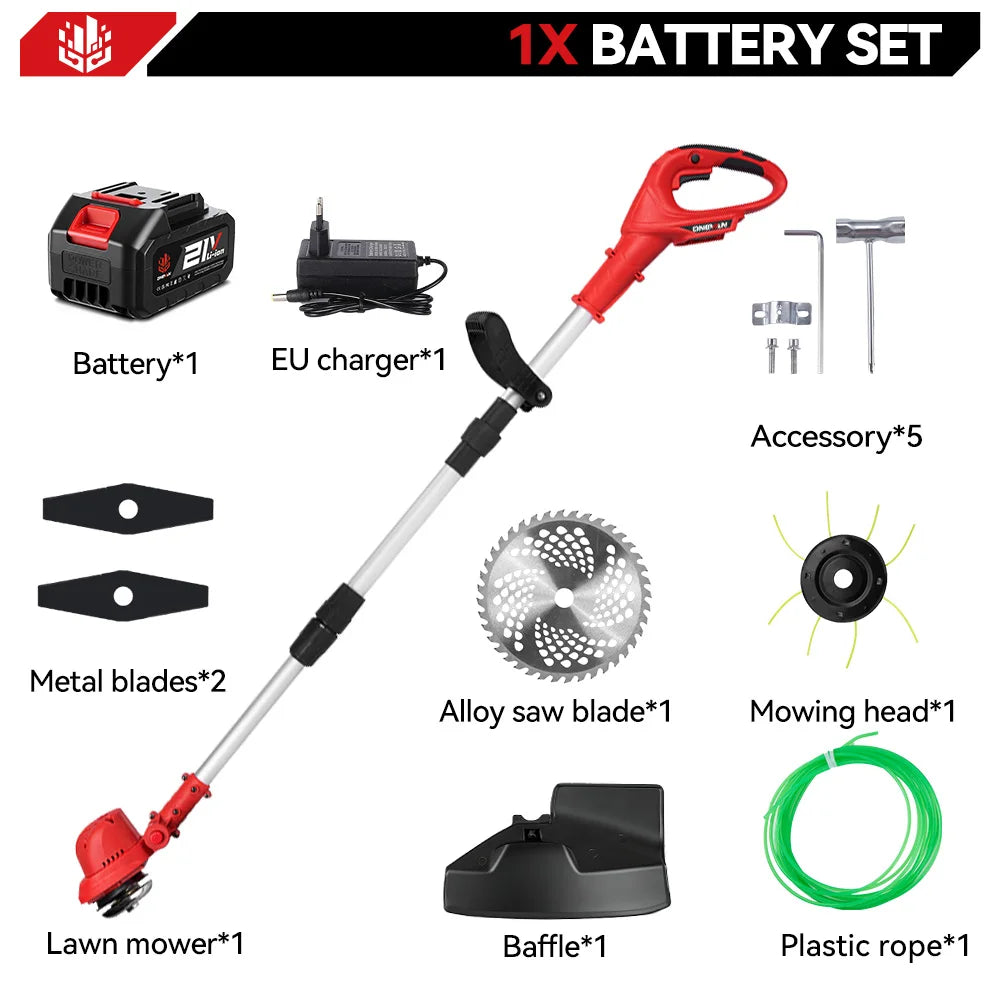ONEVAN 10-inch borstelloze elektrische grasmaaier snoerloos 36000 tpm grassnijder in lengte verstelbaar tuingereedschap voor Makita 18V-accu