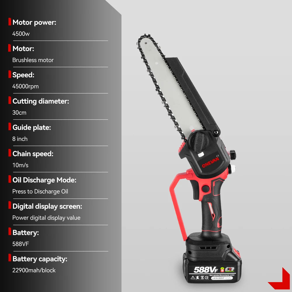 ONEVAN 8 inch borstelloze elektrische kettingzaag accu 4500W snoeizaag zonder snoer tuingereedschap voor Makita 18V accu aansluiting