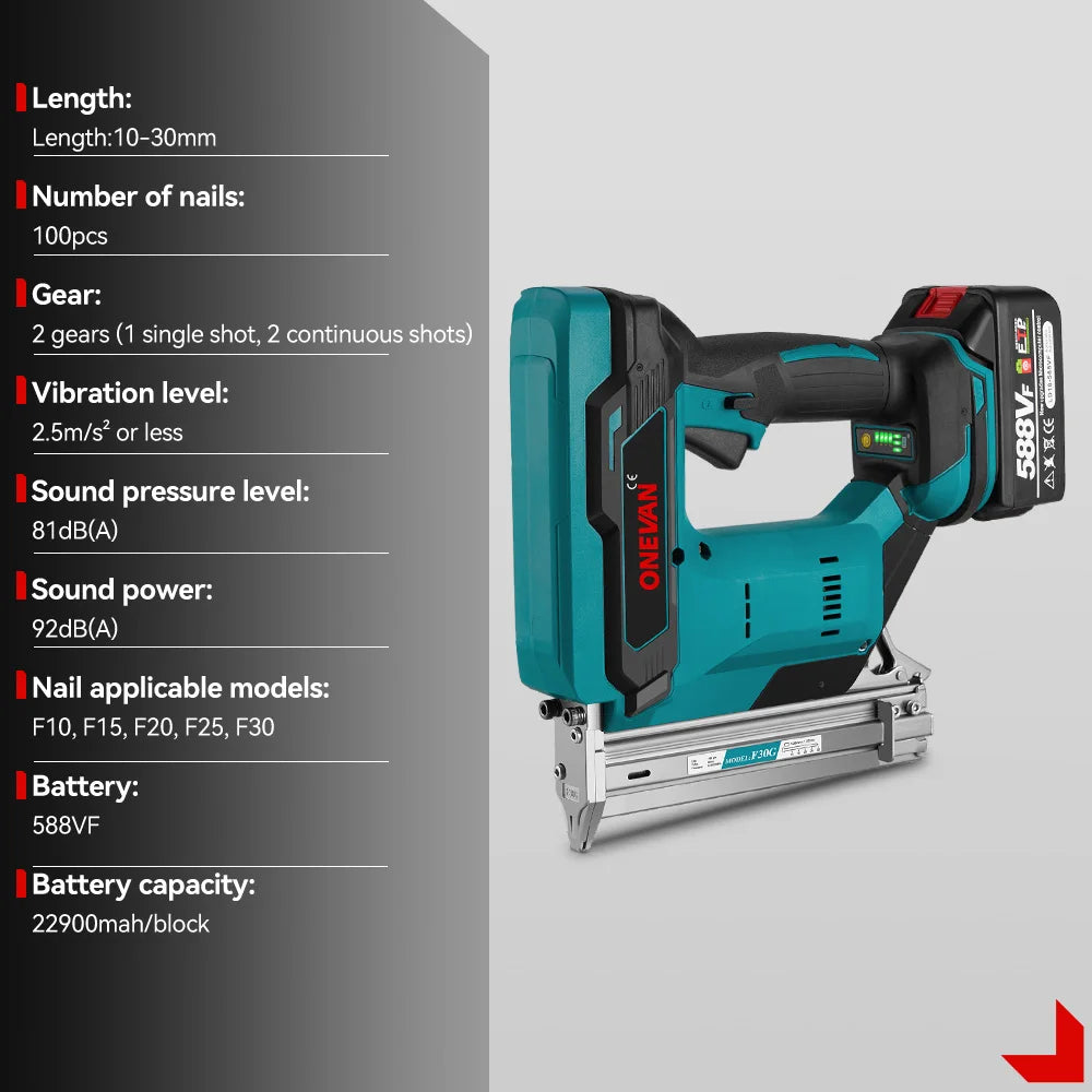 Pistolet à clous électrique sans balais ONEVAN F30, cloueuse agrafeuse 2 vitesses pour charpente avec 100 clous pour batterie Makita 18V