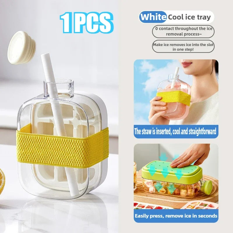 Ice Cube Water Bottle Ice Cube Mold Press Ice Maker With Lid Food Grade Ice-Making Straw Dual-use Ice-Kettle NO TOUCH Silicone
