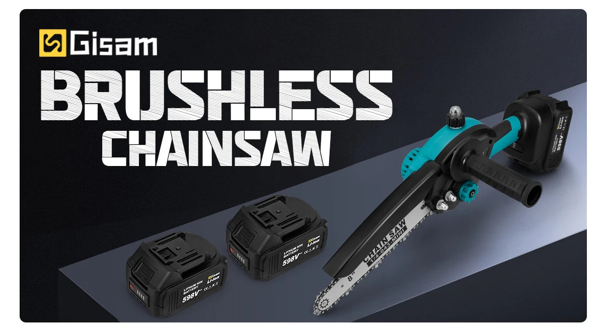 Gisam 8 Inch Brushless Chain Saw with Oil Can Cordless Handheld Pruning Chainsaw Woodworking Electric Saw Cutting Power Tools