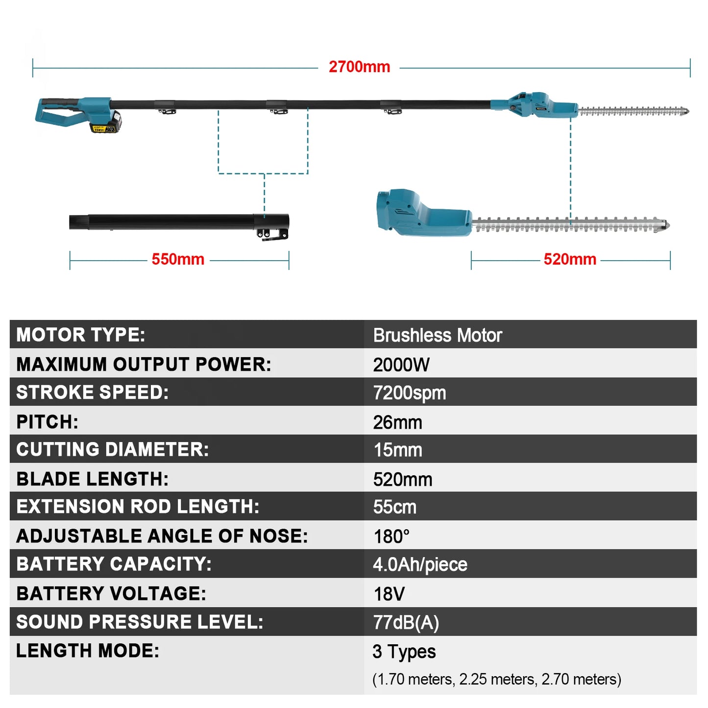 Gisam 7200SPM Electric High Branch Hedge Trimmer Brushless Cordless Telescopic Hedge Shear Power Tool For Makita 18v Battery Pin