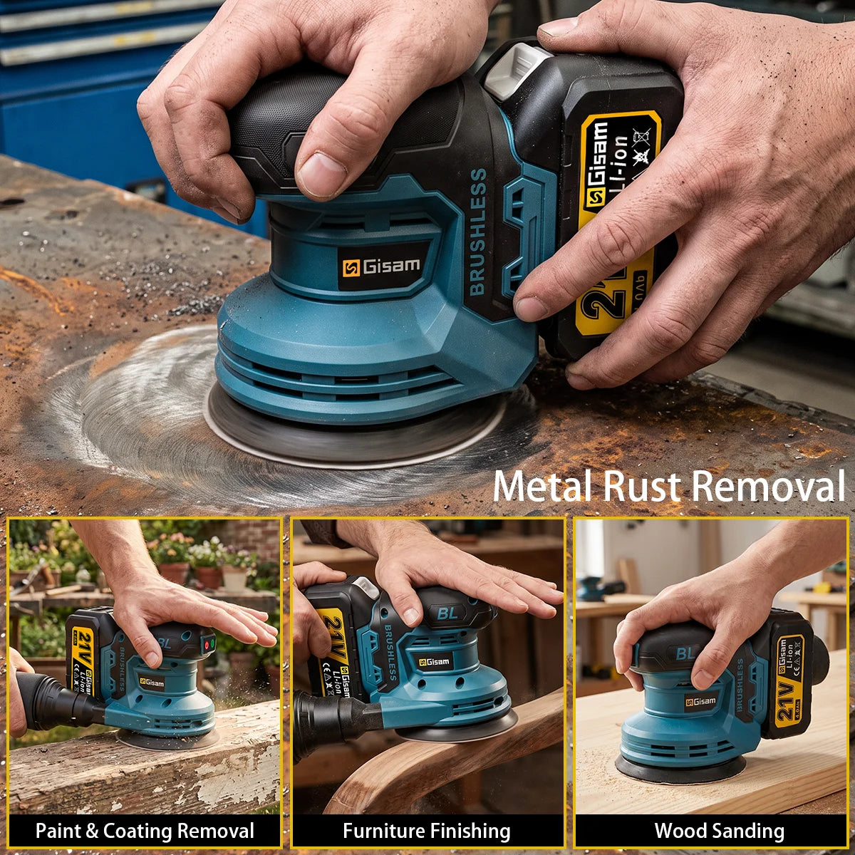 Gisam Brushless 3Gear Electric Orbital Sander 125MM Cordless Grinding Sanding Polishing Machine Dust Collection Woodworking Power Tool For Makita 18V Battery Pin