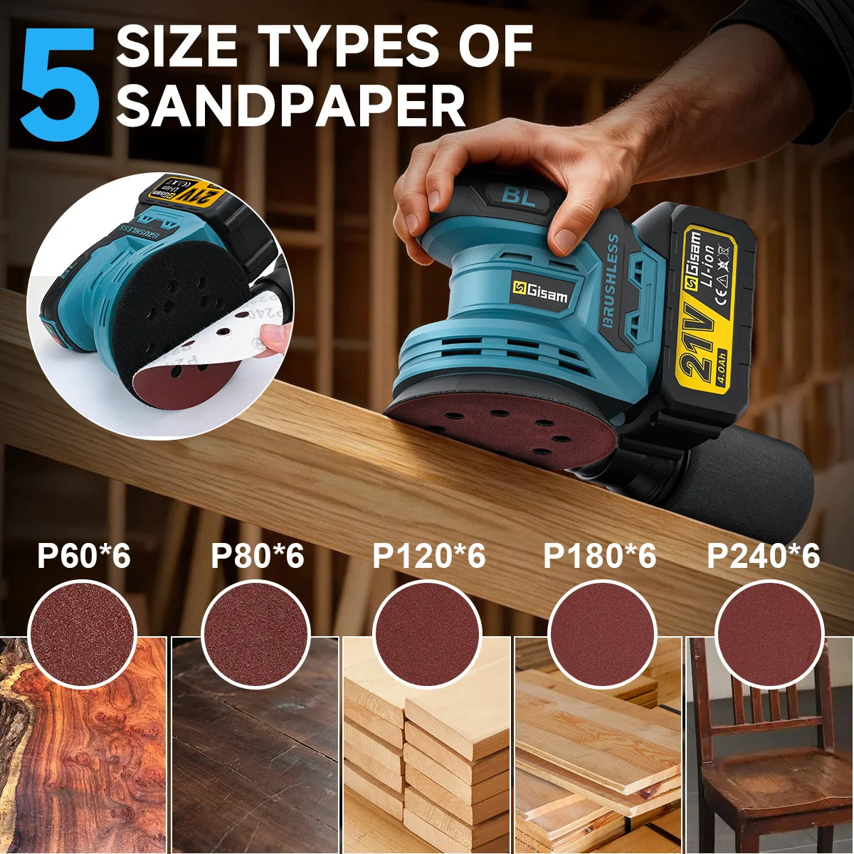 Gisam Brushless 3Gear Electric Orbital Sander 125MM Cordless Grinding Sanding Polishing Machine Dust Collection Woodworking Power Tool For Makita 18V Battery Pin