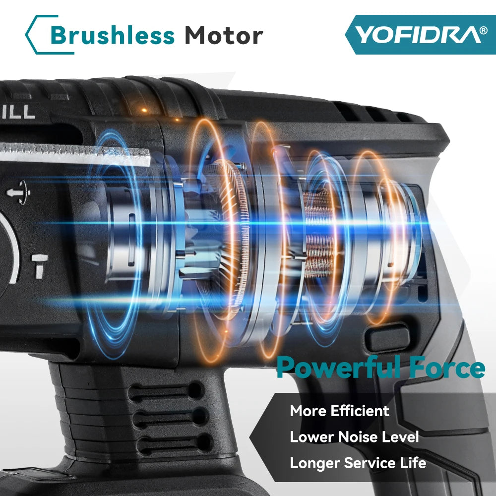 YOFIDRA 26MM Brushless Electric Hammer Drilling Impact Drill Multi-function Cordless Rotary Power Tool For Makita Battery Pin