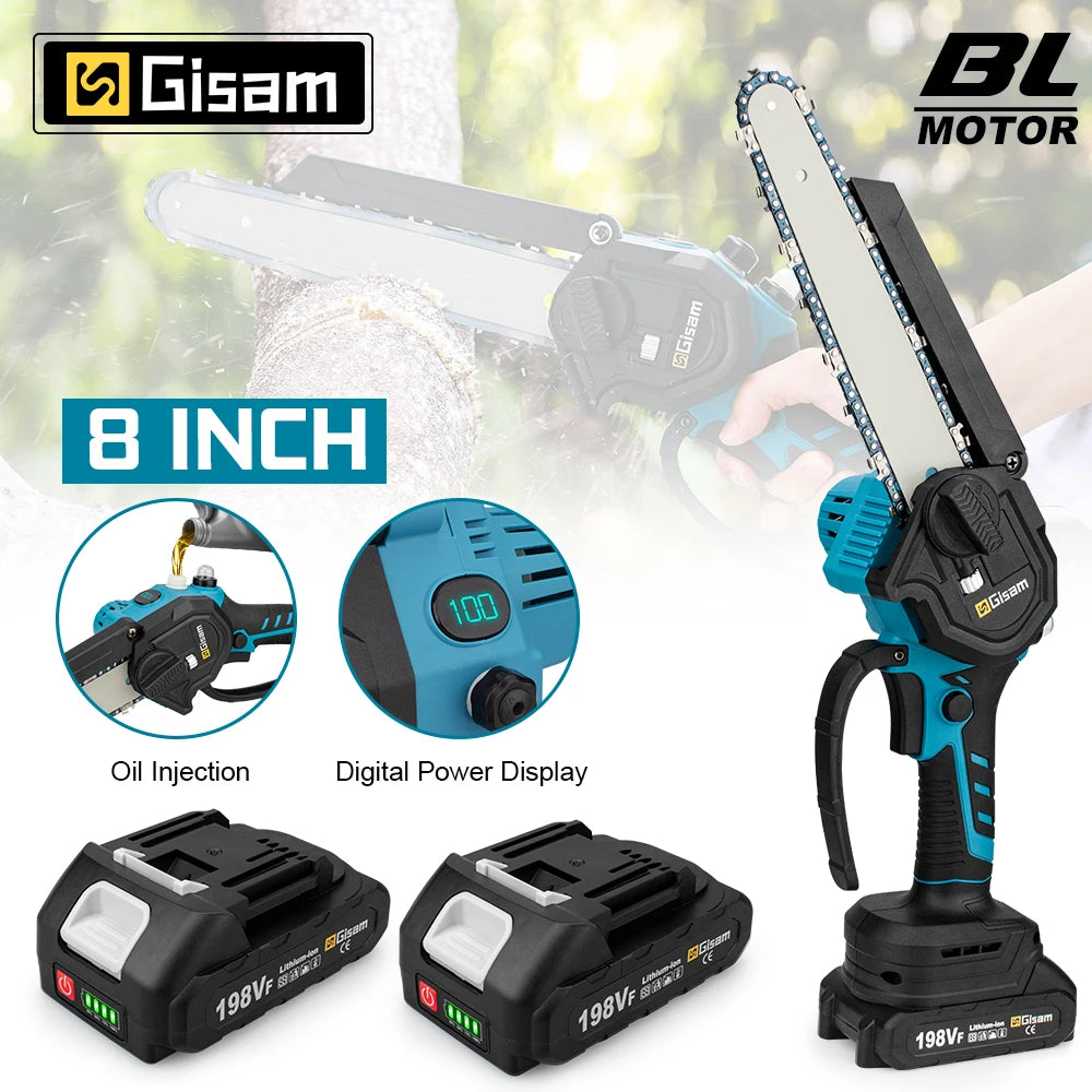 Gisam 8'' Brushless Mini Chainsaw Cordless Electric Saw Rechargeable Woodworking Garden Pruning Saw for Makita 18V Battery Pin