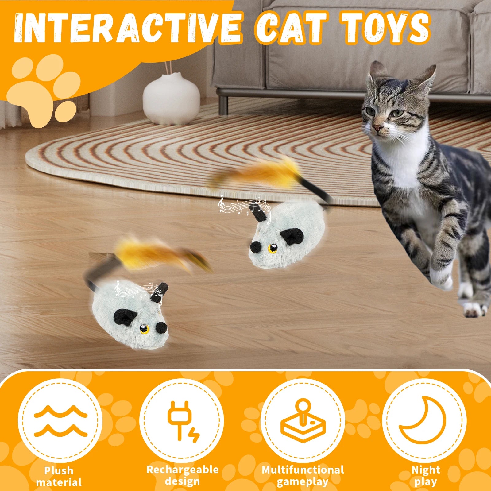 Interactive cat toys with plush material, rechargeable design, and multifunctional gameplay, suitable for night play.