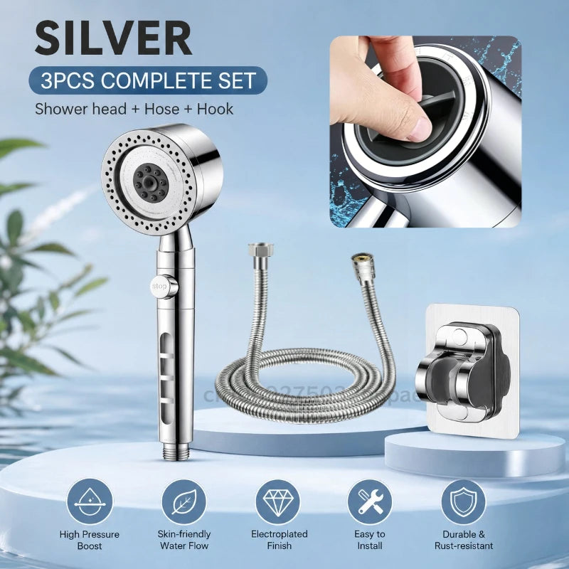 Shower Head Filter One-click Stop Metal Appearance-easy To Clean Fine Spray on The Outer Ring Strong Water Column in The Center