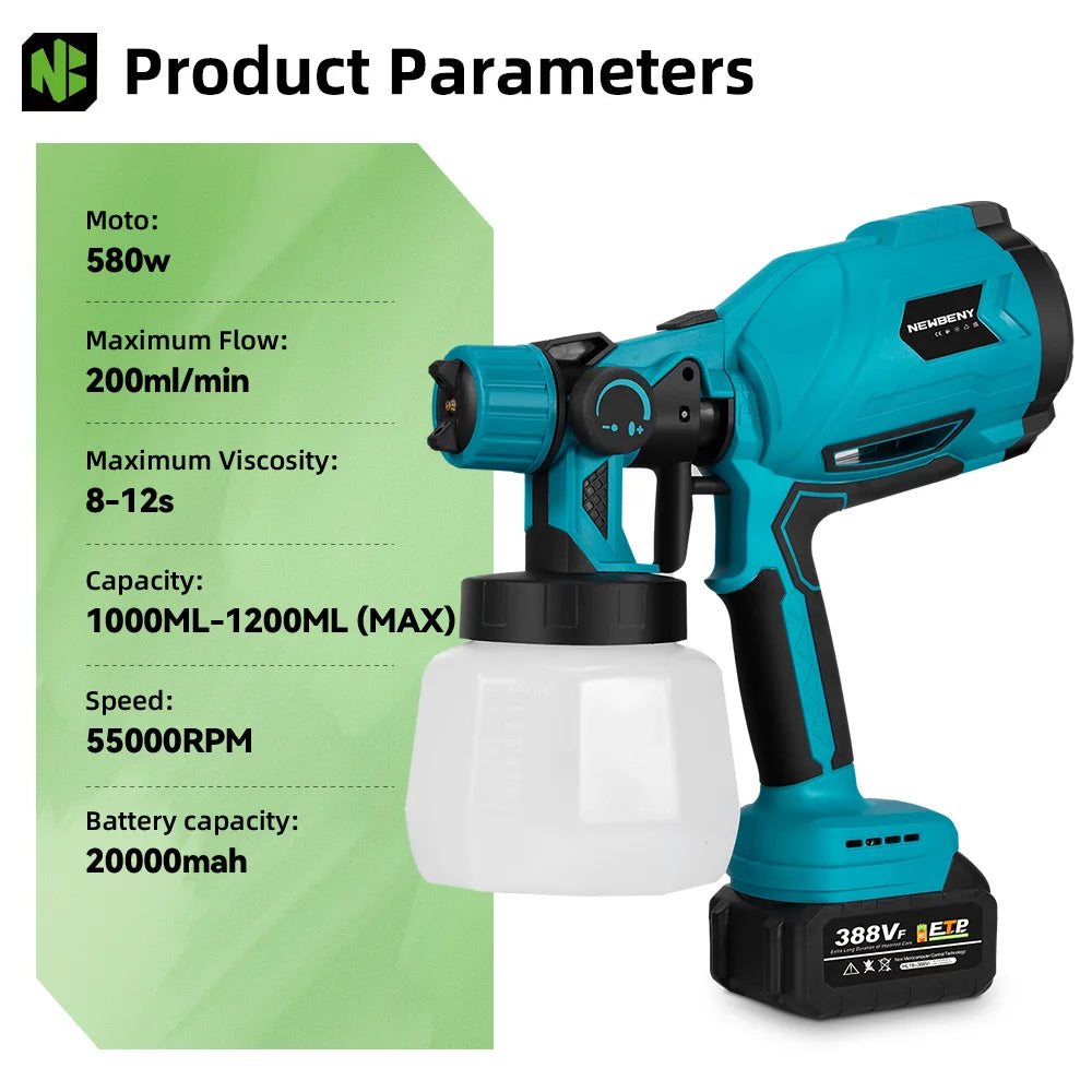 NEWBENY 1200ML Electric Spray Gun Portable Paint Sprayer Auto Furniture Coating Airbrush Power Tool For Makita Battery Pin