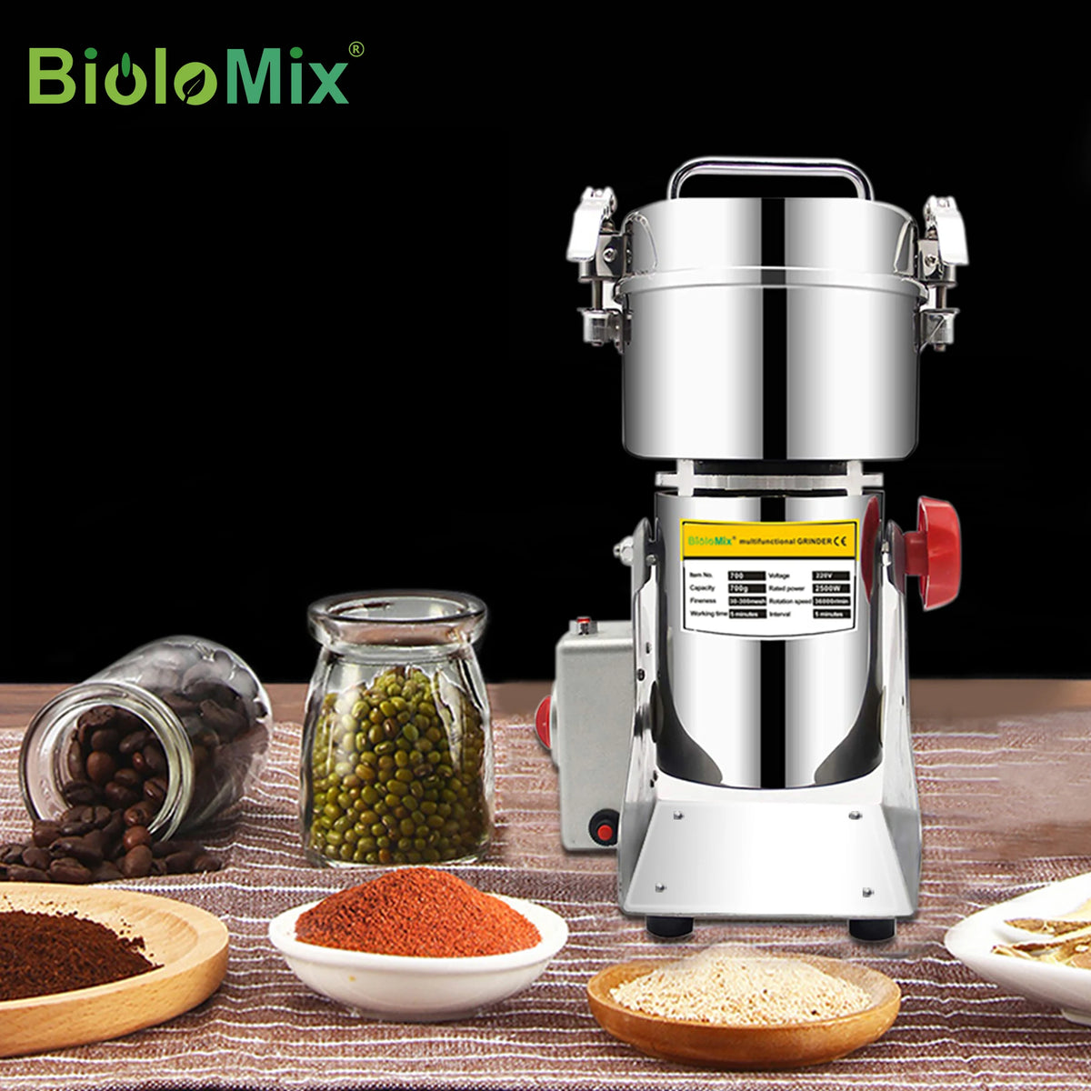 BioloMix Moulin broyeur électrique 700 g pour grains, épices, herbes, céréales et aliments secs