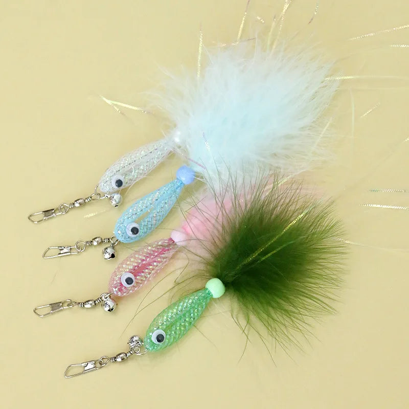 Lot de 2/3 baguettes teaser pour chat (couleur aléatoire) avec tête de rechange poisson brillant, jouet pour chat avec plume et grelot, fournitures pour animaux