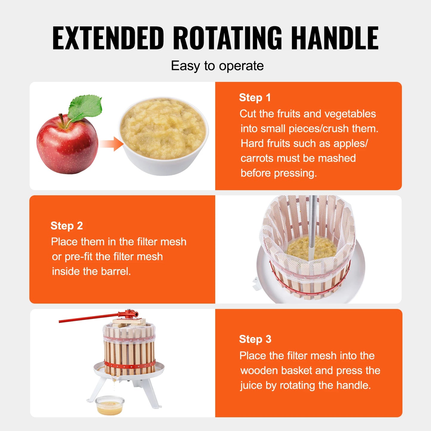 SucceBuy 6-18L Fruit Wine Press Solid Wood Basket  6 or 8 Blocks Manual Juice Maker with Pole Handle Bar for Kitchen and Home