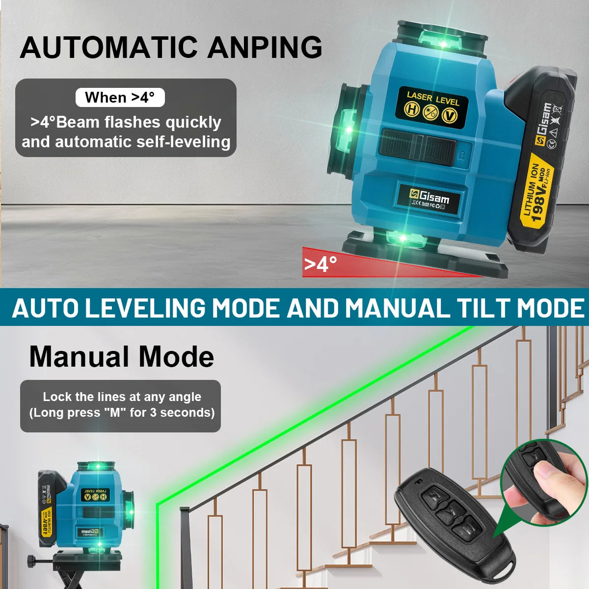 Gisam 16 Lines 4D Laser Level 360 Vertical & Horizontal Lasers Professional Super Power Green Beam For Makita 18V Battery Pins