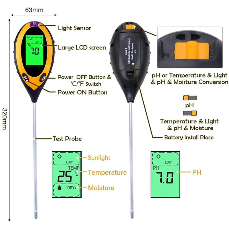 [EU Stock] Soil PH Tester 4 in 1 PH Light Moisture Acidity Tester Soil Tester Moisture Meter Plant Soil Tester Kit for Flowers