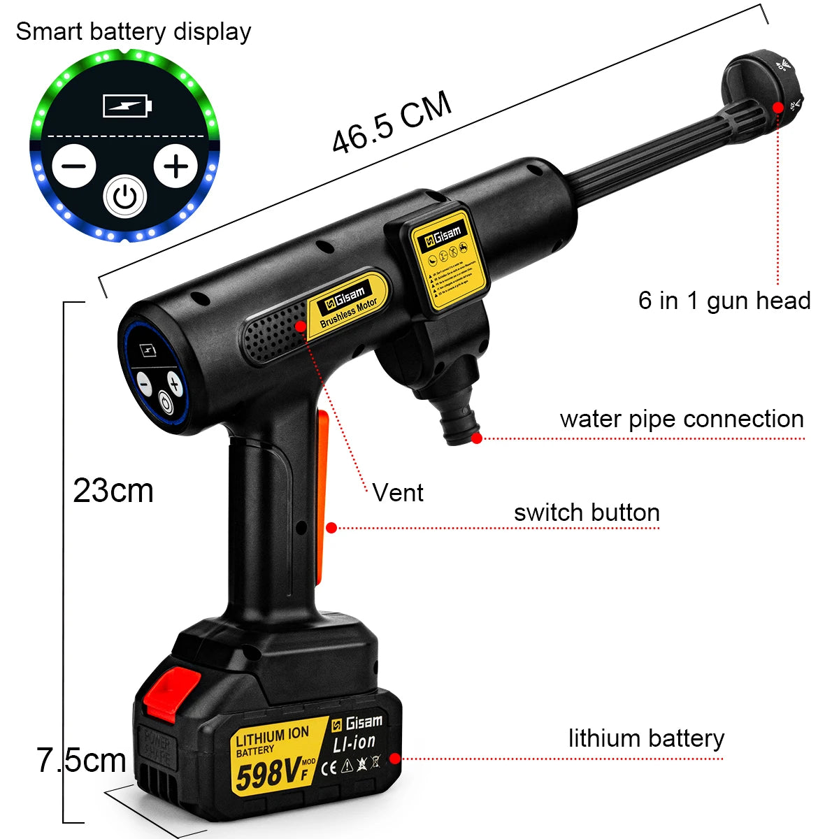 Gisam 200Bar Brushless Electric High Pressure Car Washer 6 IN 1 Car Garden Cleaning Water Spray Gun For Makita 18V Battery Pins