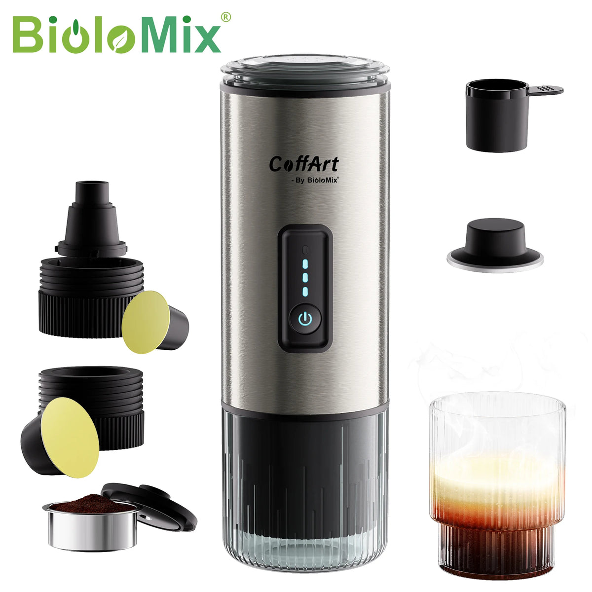 BioloMix Draagbaar Koffiezetapparaat 3-in-1 USB/12V Reis-espressomachine voor Nespresso Dolce Gusto-cups en gemalen koffie