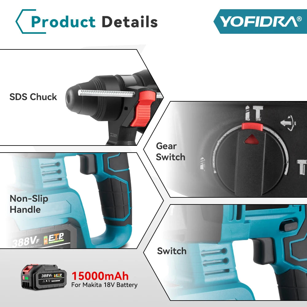 Marteau perforateur électrique sans bal ais YOFIDRA 26 mm, outil électroportatif multifonction rotatif sans fil rechargeable pour batterie Makita 18 V