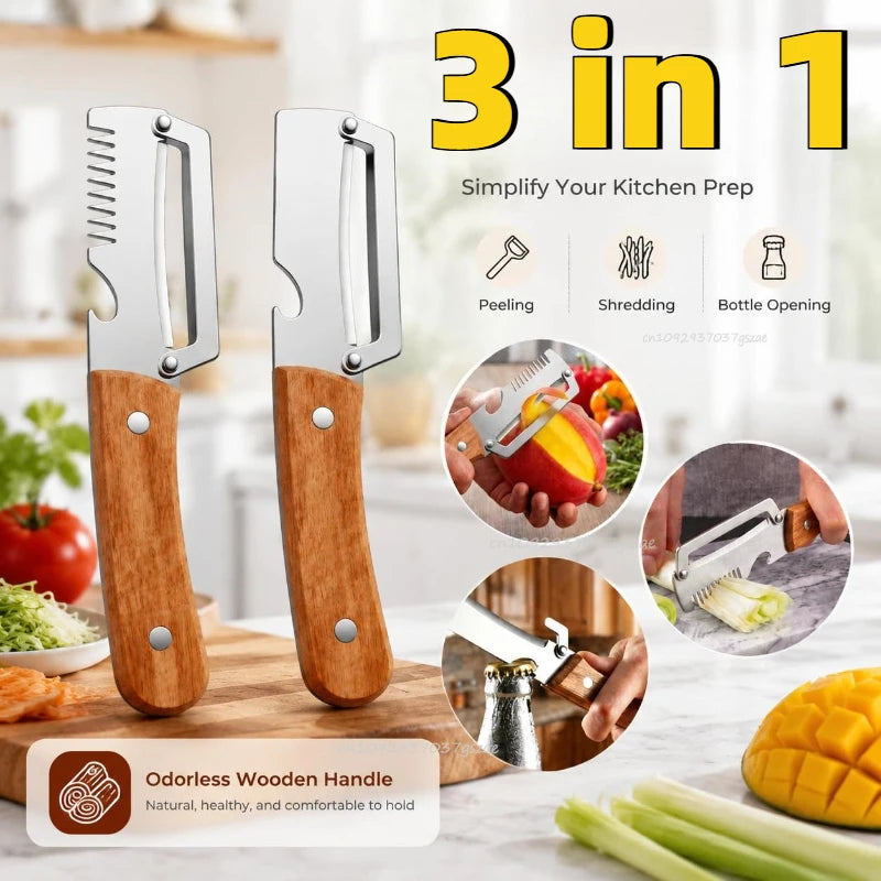 New Paring Knife Ergonomic Wood Handle Knife Stainless Steel Vegetable Peeler with Wooden Handle 2-in-1 Fruit Potato Peeler