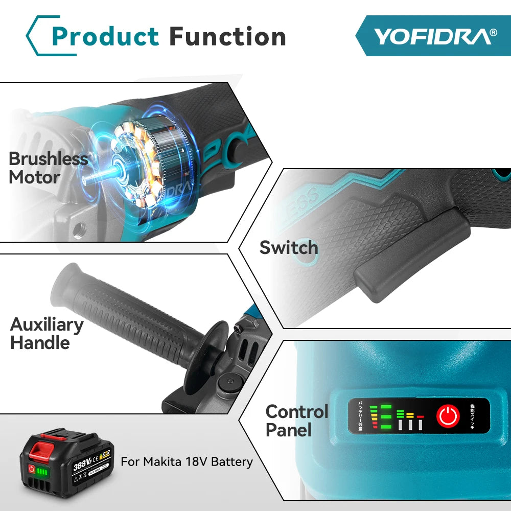 YOFIDRA 125mm Brushless Angle Grinder 12000RPM Cordless Cutting Polishing Power Tool With 3 Saw Blades For Makita Battery Pin