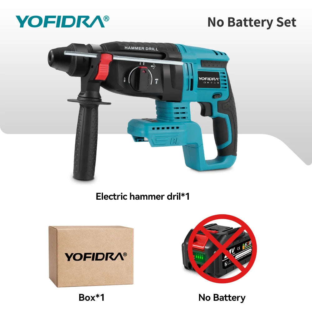 Perceuse à percussion sans fil YOFIDRA, marteau perforateur électrique sans balais 26 mm, ensemble d'outils électroportatifs pour le travail du bois, compatible avec batterie Makita 18V