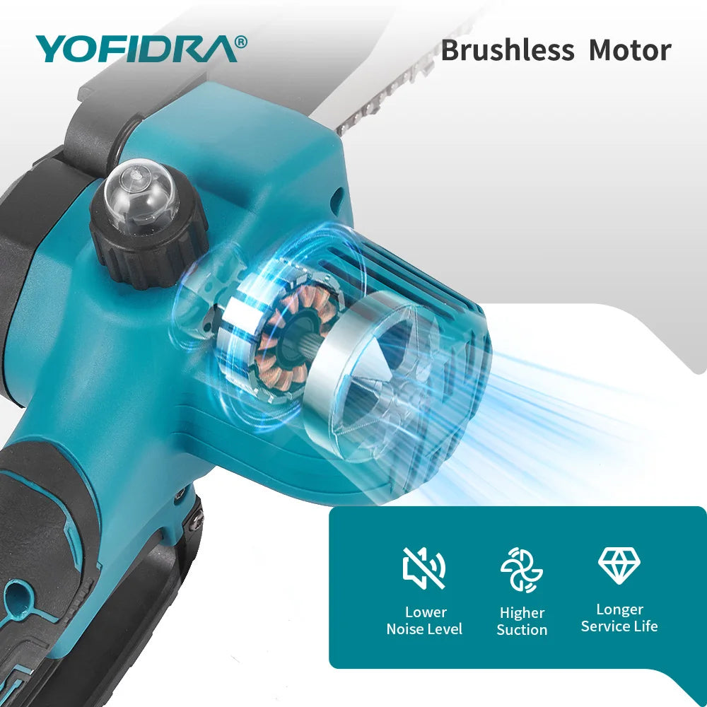 YOFIDRA 6 & 8inch Brushless Electric Chainsaw Cordless Woodworking Pruning Saw Garden Cutting Power Tool For Makita Battery Pin