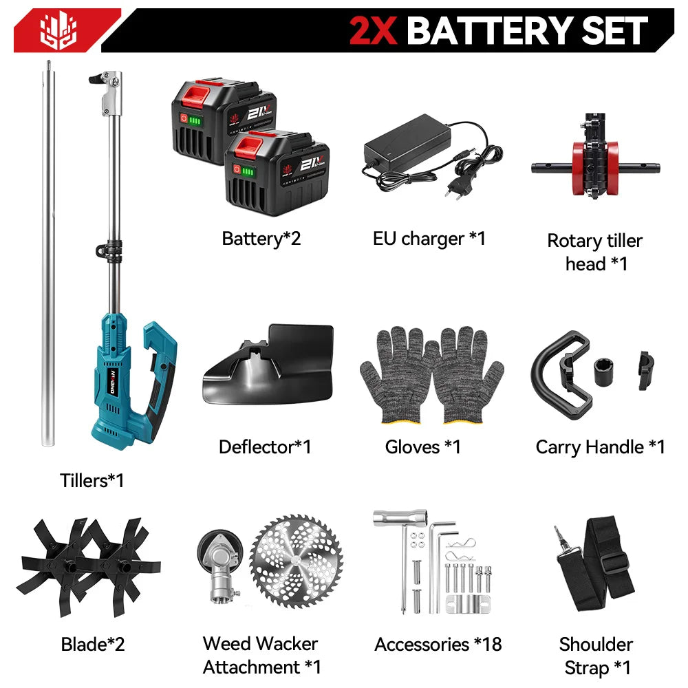 ONEVAN 2-in-1 Borstelloze Elektrische Grasmaaier Tuinfrees Accu Grastrimmer Tuingereedschap voor Makita 21V Accu Pin