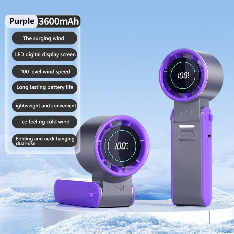 Lenovo Nieuwe draagbare luchtkoeling turboventilator 3600mAh, 100 windsnelheden instelbaar, opvouwbare handventilator voor buiten/studenten met draagkoord