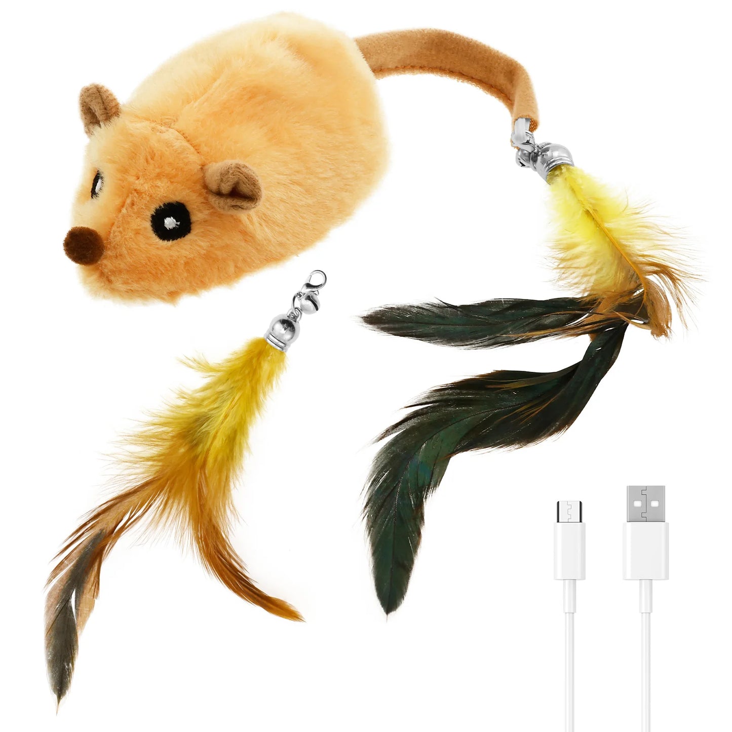 A plush, electronic mouse cat toy with detachable feather accessories and a USB charging cable.
