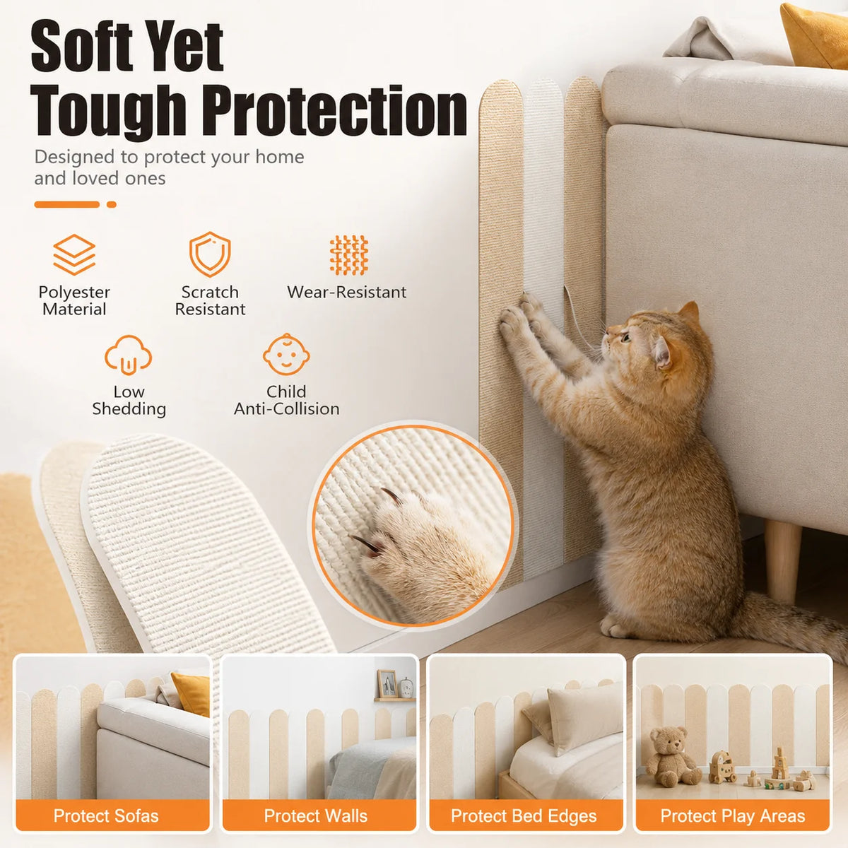 Self Adhesive Cat Scracher Wall Protector Pads Thickened Scratch Resistant Peel Stick Panels for Bedroom Sofa Decor 60x15cm
