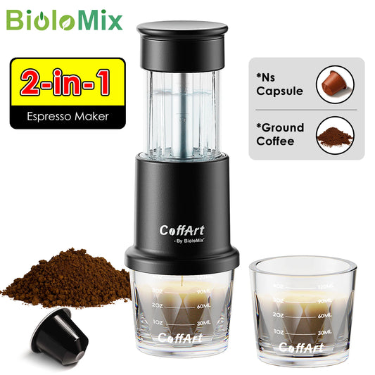BioloMix 2-in-1 Portable Coffee Maker Hot/Cold Espresso Machine for NS Capsules & Ground Coffee Hand Press