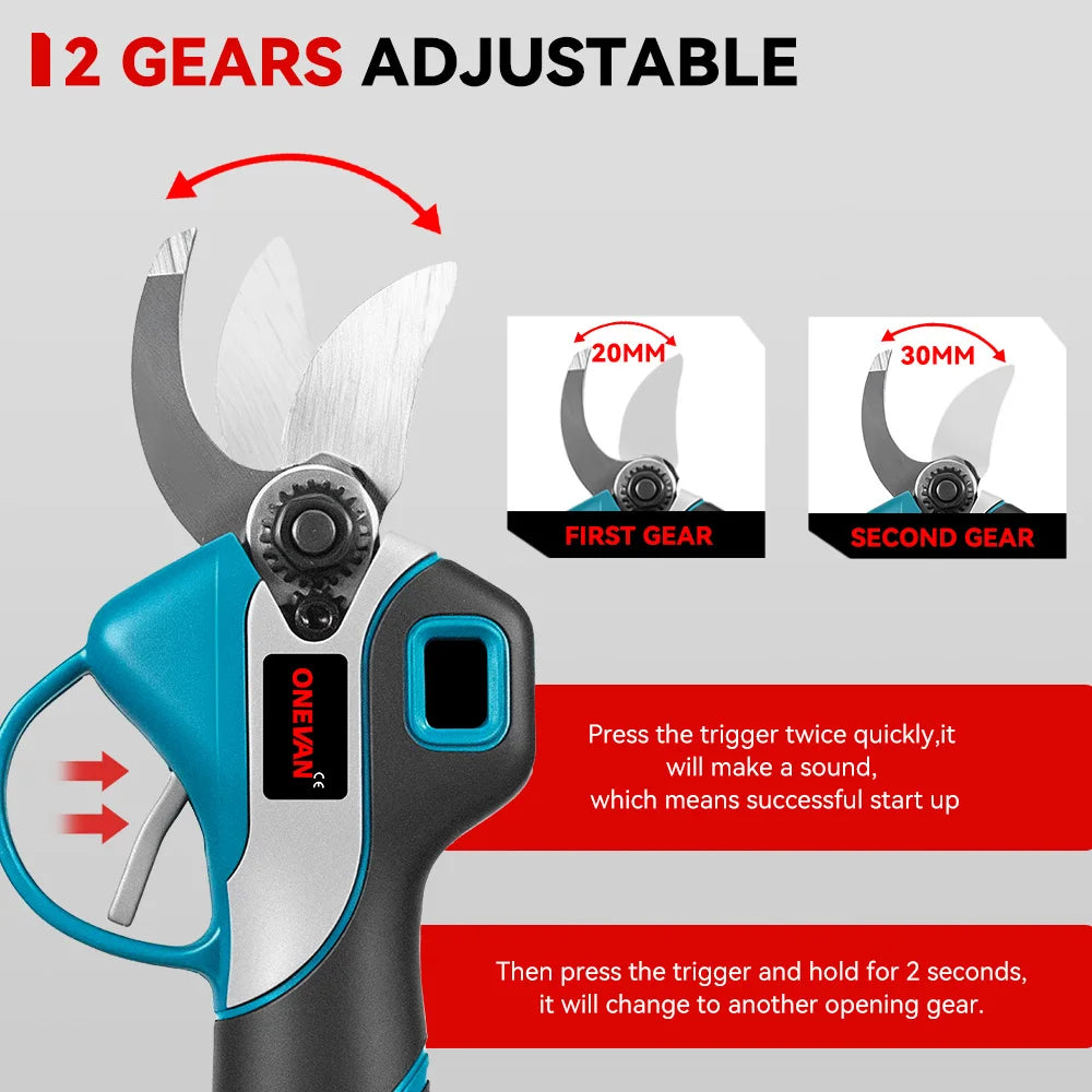 ONEVAN 30MM Brushless Electric Pruning Shear 2Gear Rechargeable Electric Scissors Garden Power Tools For Makita 18V Battery Pin