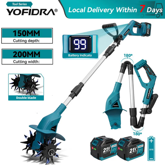 YOFIDRA 200MM Electric Garden Rotary Tiller Cultivator 180° Foldable Lawn Mower Soil Turning Tool For Makita Battery Pin