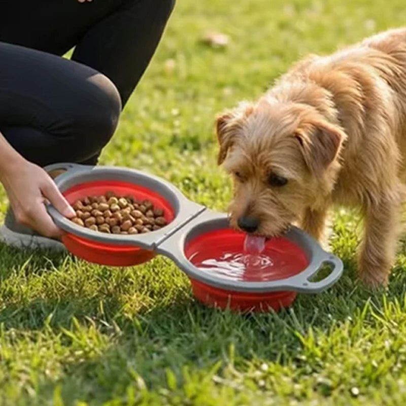 Silicone Pet Dog Double Bowl Collapsible Portable Dog Feeder Bowl Outdoor Travel Puppy Food Container Dog Accessories