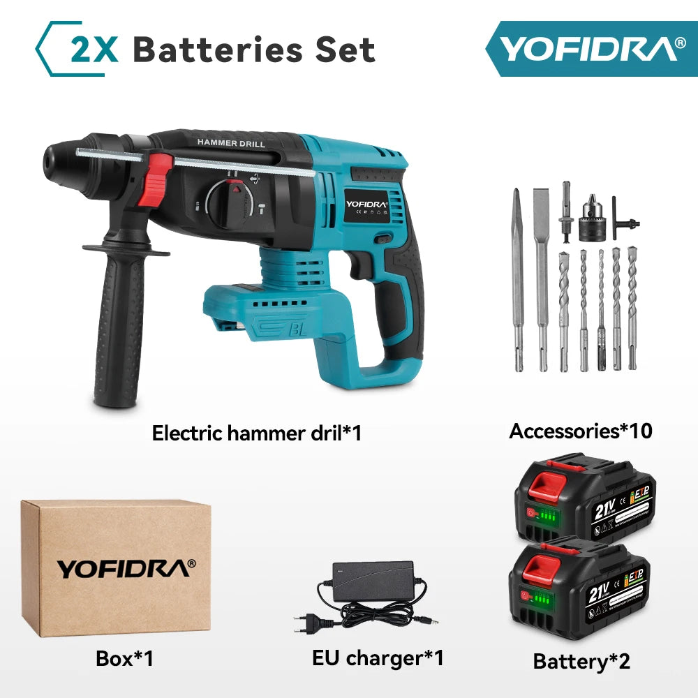 YOFIDRA 26mm Borstelloze Elektrische Boorhamer Snoerloze Multifunctionele Klopboormachine Elektrisch Gereedschap voor Makita 18-21V Accu