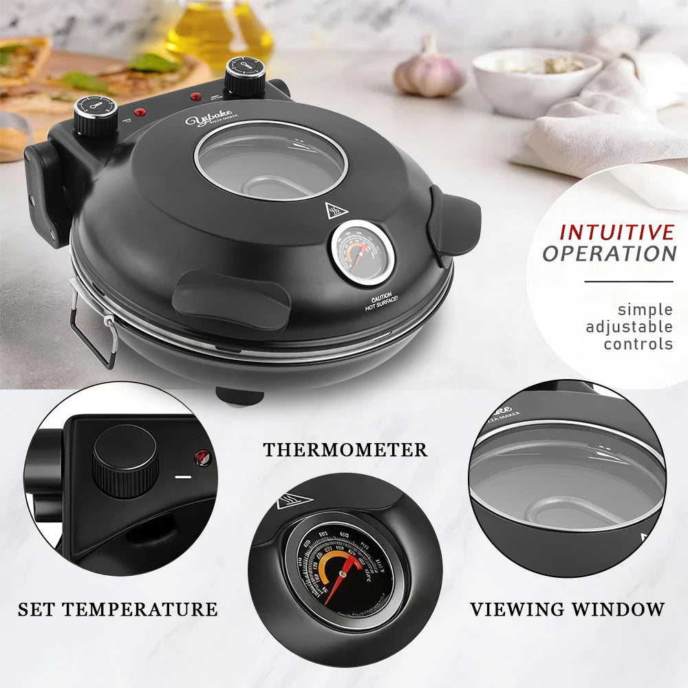 12 Inch Electric Pizza Oven Indoor 1200 Watt Glazed Ceramic Stone Cooker Two-button Precise Temperature Control Heats up 420℃