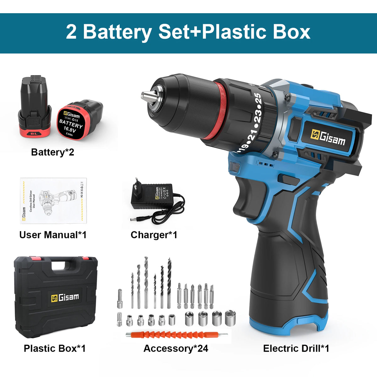 Perceuse à percussion électrique sans balais Gisam 95NM, couple 25+3, tournevis électrique sans fil 3 en 1, outils électroportatifs pour le bricolage à domicile