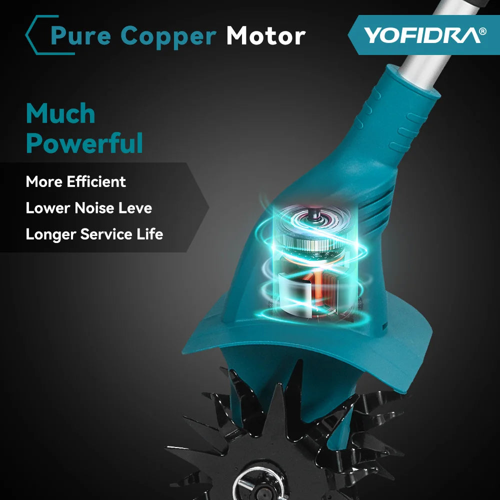 YOFIDRA Garden Electric Tiller Cultivator Portable Cordless Lawn Mower Grass Trimmer Soil Turning Power Tool for Makita 18-21V Battery Pin