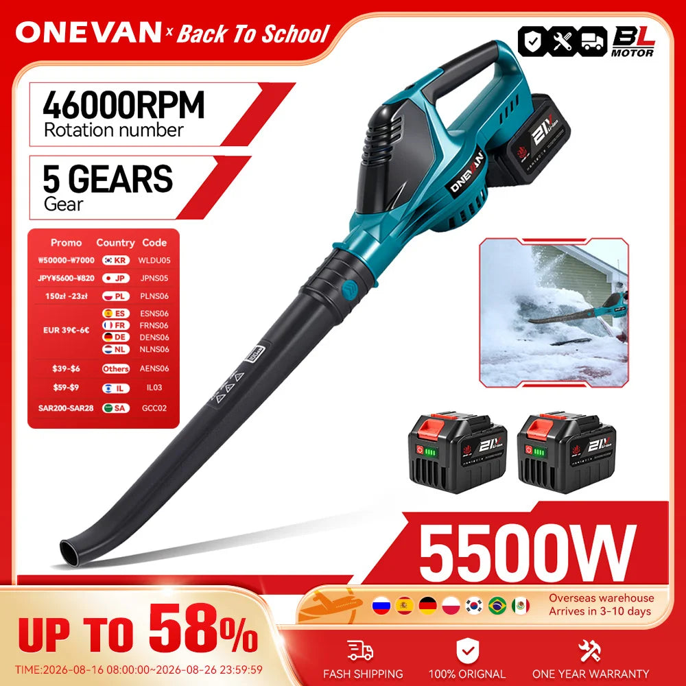 ONEVAN 5500W Borstelloze Elektrische Bladblazer Snoerloze Bladblazer Bladeren Sneeuw Stof Reinigingsgereedschap Geschikt voor Makita 18V Accu's